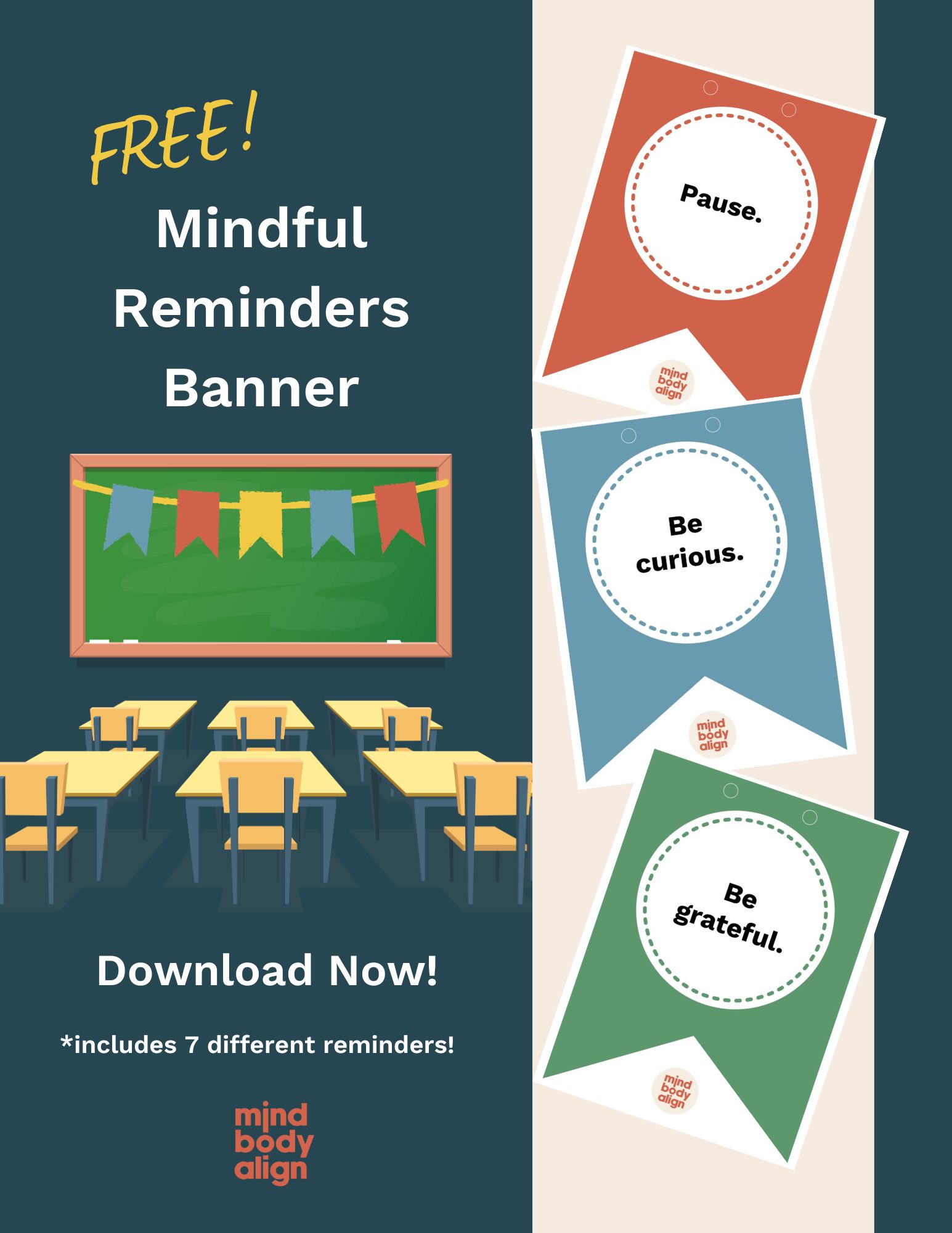 a flyer that depicts a classroom inviting educators to download a free mindful reminder banner