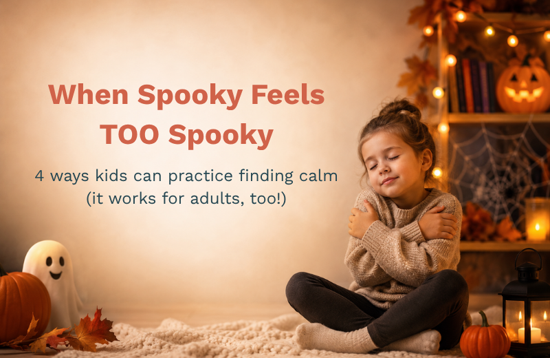 Child practicing a calming strategy during a spooky Halloween activity