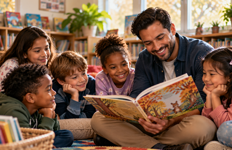 Teacher reading a picture book with a group of elementary-age children