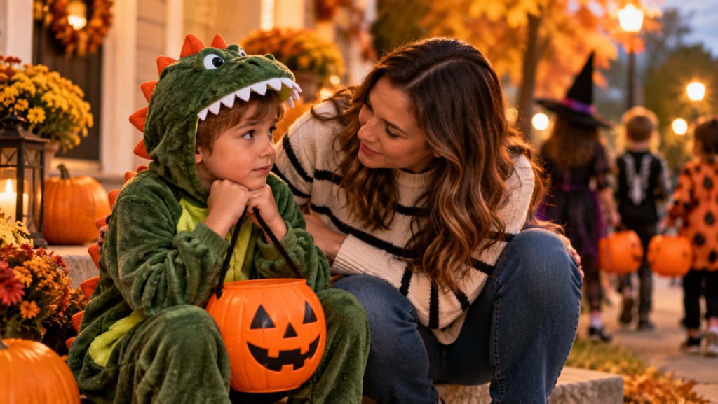 Child in a Halloween costume taking a quiet moment with a trusted adult