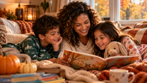 Family reading a picture book together during a cozy fall storytime