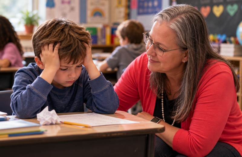 Teacher sitting beside an upset child and offering support