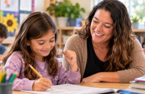 Teacher noticing a child's small success during independent classwork