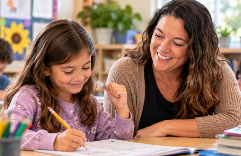 Teacher noticing a child's small success during independent classwork